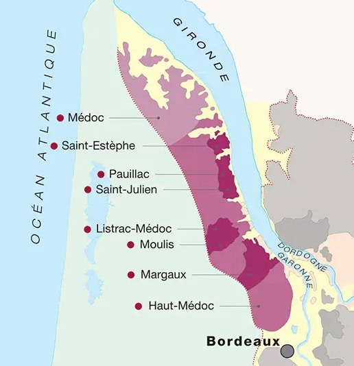 Mapa ilustrado de los viñedos de la margen izquierda del Médoc, incluidos Saint-Estèphe, Pauillac, Saint-Julien, Margaux, Listrac-Médoc, Moulis y Haut-Médoc, una prestigiosa región vinícola de Burdeos.