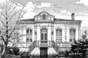 Dibujo en blanco y negro del Château Papounan con fachada clásica, escalera central y jardín arbolado, encantadoras habitaciones ubicadas en Saint-Estèphe, en el corazón del Médoc, Burdeos.