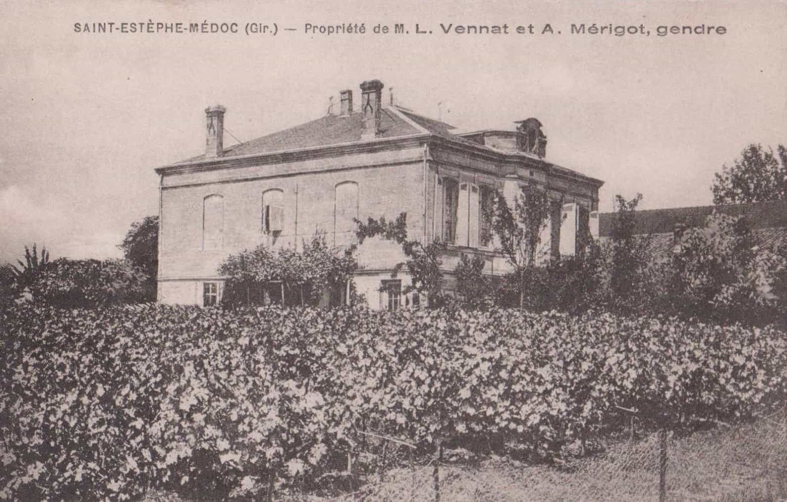 Historical view of the Château Papounan (formerly Château Domeyne) in Saint-Estèphe, surrounded by vineyards of the Médoc, Bordeaux.
