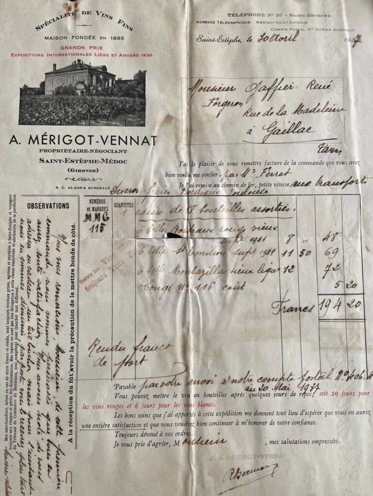 Historical document: handwritten invoice dated April 30, 1937, issued by A. Mérigot-Vennat, fine wine merchant in Saint-Estèphe, Médoc, with illustration of the castle and mentions of the Grands Prix internationales.