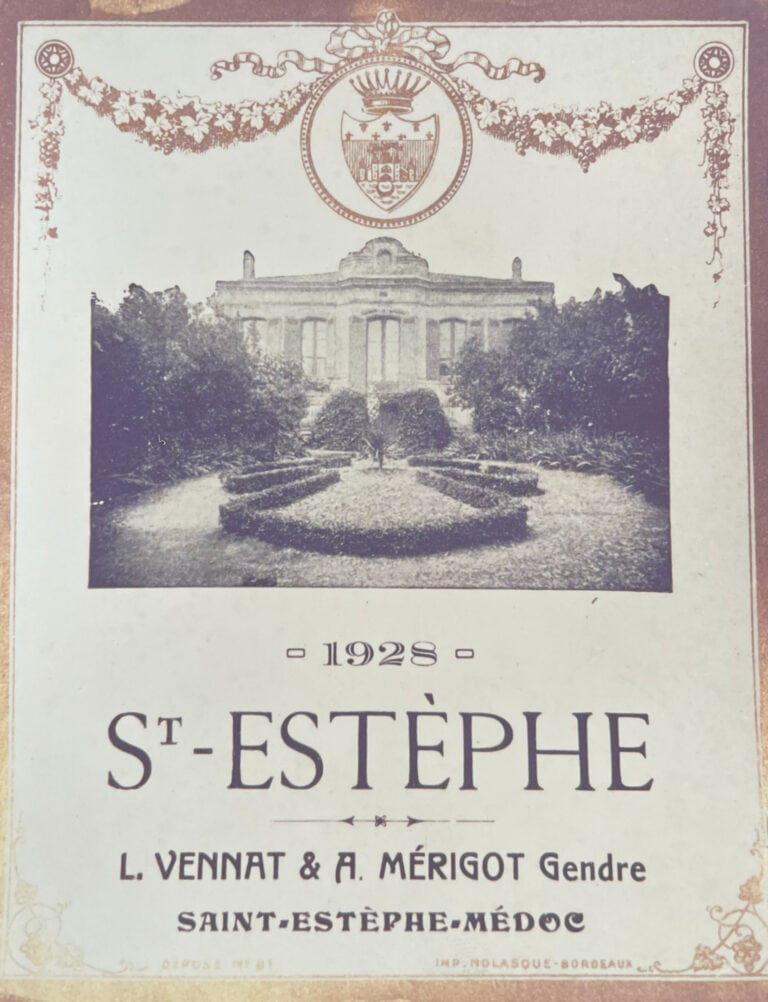 Historisches Weinetikett aus dem Jahr 1928, Saint-Estèphe, Médoc, Bordeaux, mit Abbildung des Schlosses und des Gartens.