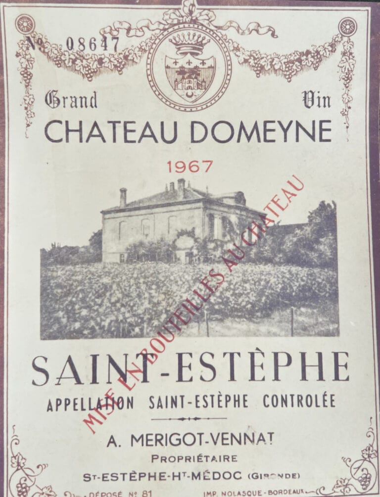 Weinetikett aus dem Jahrgang 1967 von Château Domeyne, Grand Vin de Saint-Estèphe, kontrollierte Appellation des Médoc, Bordeaux.