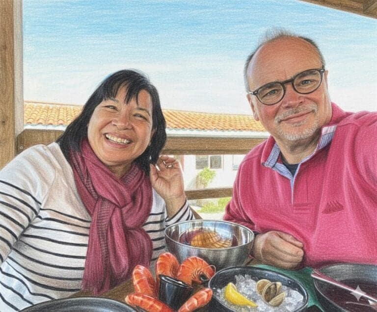 Comida gastronómica en la terraza de Andernos, frente a la cuenca de Arcachon, con mariscos y un ambiente cálido, para los huéspedes del Château Papounan, una encantadora casa de huéspedes en Saint-Estèphe en el Médoc.