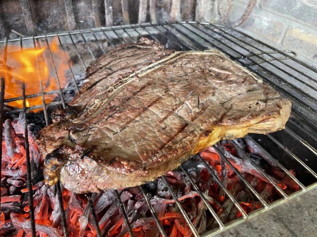 Entrecôte grillant sur des sarments de vigne avec flammes et braises rougeoyantes