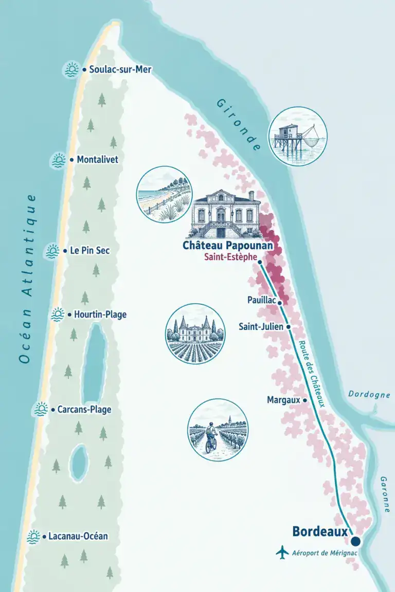 Carte illustrée du Médoc : Château Papounan à Saint-Estèphe, la Route des Châteaux, les plages de l'Atlantique et Bordeaux